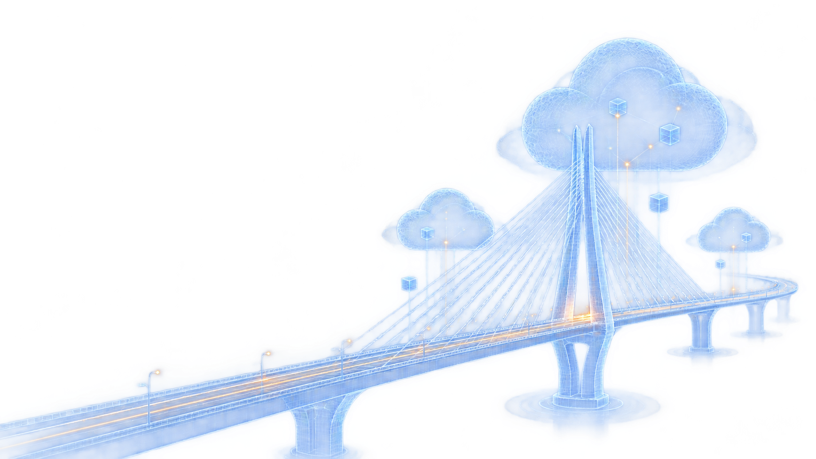 A wireframe bridge connecting cloud infrastructure