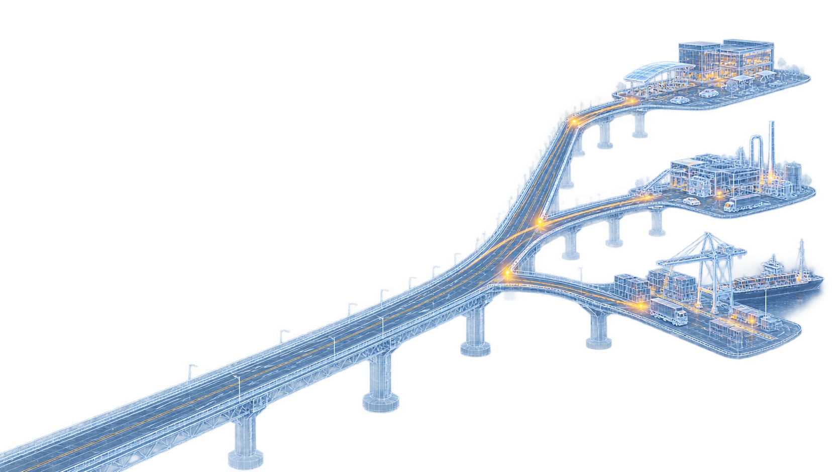 A wireframe bridge branching into three directions
