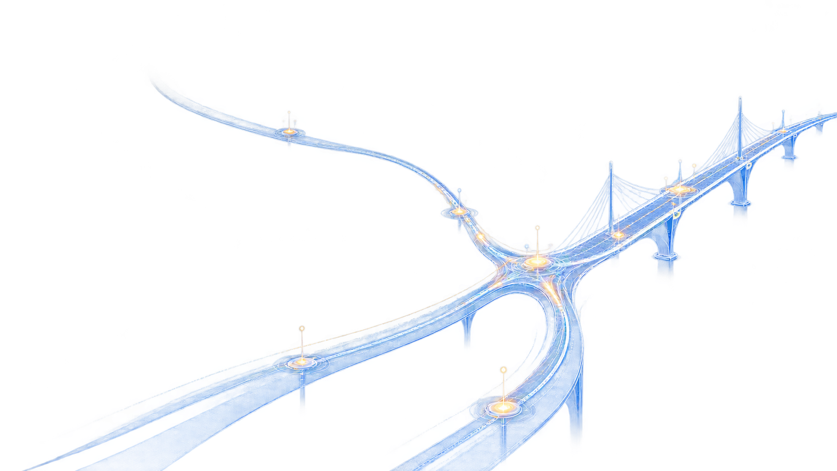 A wireframe bridge where multiple paths connect